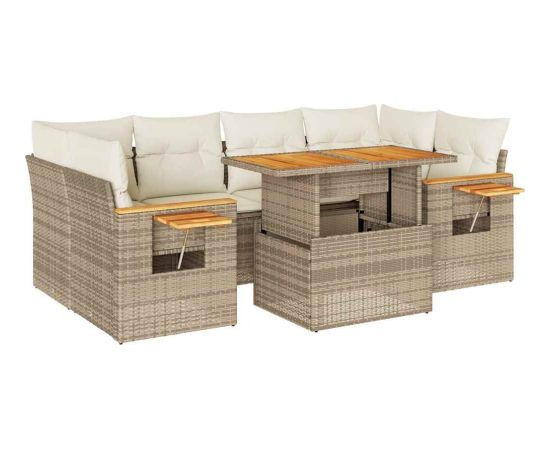 Vidaxl 7-cz. zestaw mebli z poduszkami, beżowy, polirattan i akacja Dārza mēbeļu komplekti