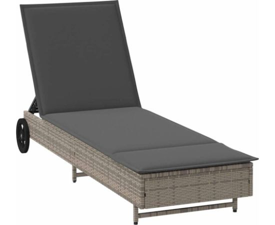 Vidaxl Leżak na kółkach, z poduszką, szary, polirattan Шезлонги и пляжные стулья
