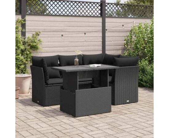 vidaXL 5-cz. zestaw wypoczynkowy do ogrodu, poduszki, czarny rattan PE Dārza mēbeļu komplekti