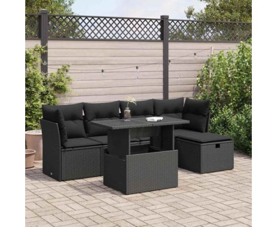 vidaXL 6-cz. zestaw mebli ogrodowych z poduszkami, czarny polirattan Dārza mēbeļu komplekti