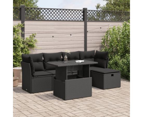 vidaXL 6-cz. zestaw mebli ogrodowych z poduszkami, czarny polirattan Dārza mēbeļu komplekti