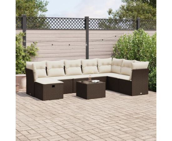 vidaXL 9-cz. zestaw mebli ogrodowych z poduszkami, brązowy, polirattan Dārza mēbeļu komplekti