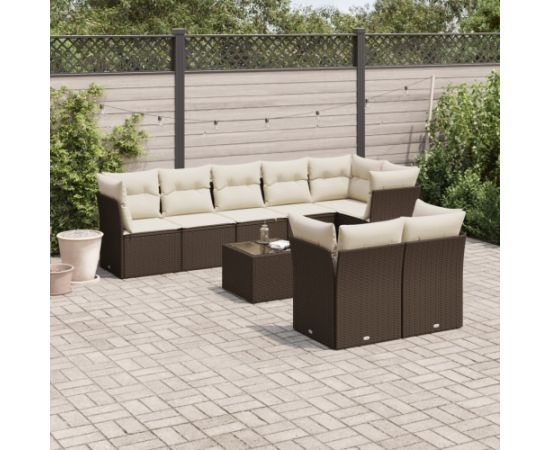 vidaXL 9-cz. zestaw mebli ogrodowych z poduszkami, brązowy, polirattan Dārza mēbeļu komplekti