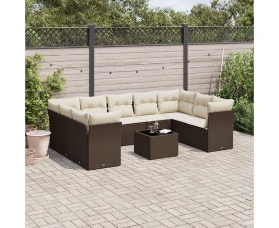 vidaXL 10-cz. zestaw mebli ogrodowych z poduszkami, brązowy polirattan Dārza mēbeļu komplekti