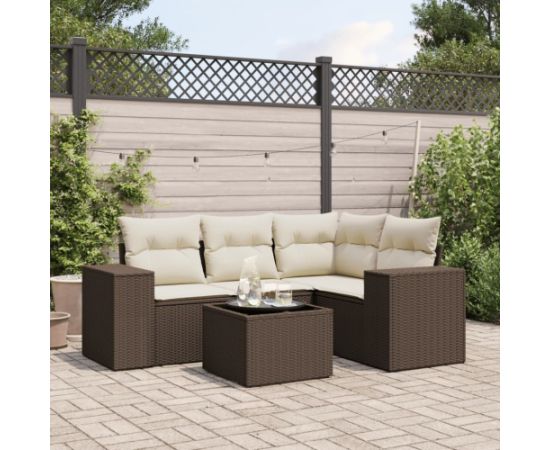 vidaXL 5-cz. zestaw mebli ogrodowych z poduszkami, brązowy, polirattan Dārza mēbeļu komplekti