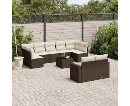 vidaXL 10-cz. zestaw mebli ogrodowych z poduszkami, brązowy polirattan Dārza mēbeļu komplekti