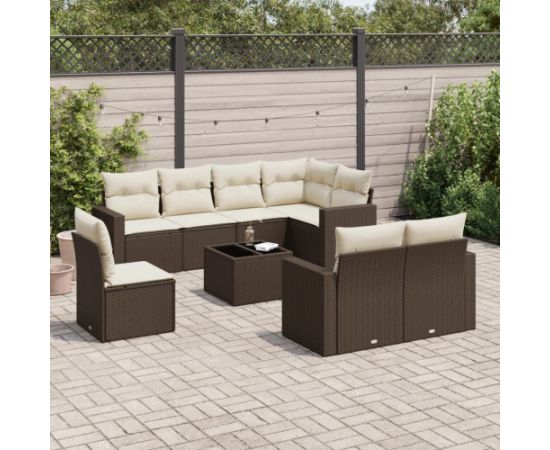 vidaXL 9-cz. zestaw mebli ogrodowych z poduszkami, brązowy, polirattan Dārza mēbeļu komplekti