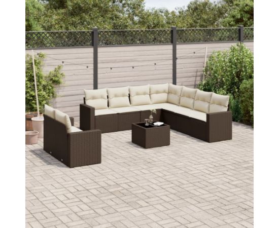 vidaXL 10-cz. zestaw mebli ogrodowych z poduszkami, brązowy polirattan Dārza mēbeļu komplekti