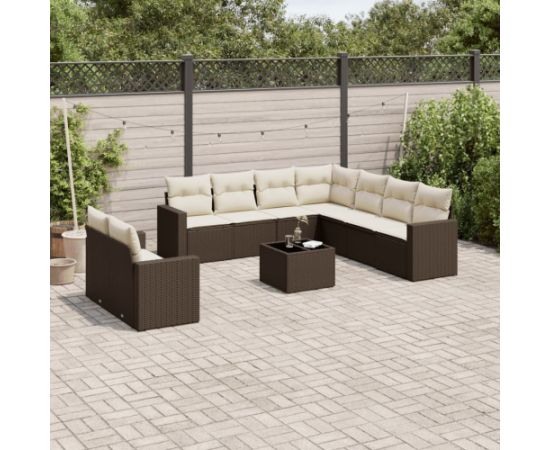 vidaXL 10-cz. zestaw mebli ogrodowych z poduszkami, brązowy polirattan Dārza mēbeļu komplekti