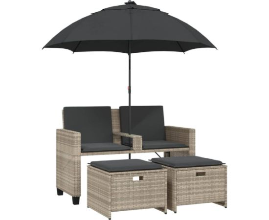 vidaXL 2-os. sofa ogrodowa ze parasolem i stołkami, jasnoszara Dārza mēbeļu komplekti