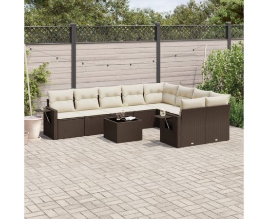 vidaXL 10-cz. zestaw mebli ogrodowych z poduszkami, brązowy polirattan Dārza mēbeļu komplekti