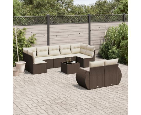 vidaXL 10-cz. zestaw mebli ogrodowych z poduszkami, brązowy polirattan Dārza mēbeļu komplekti