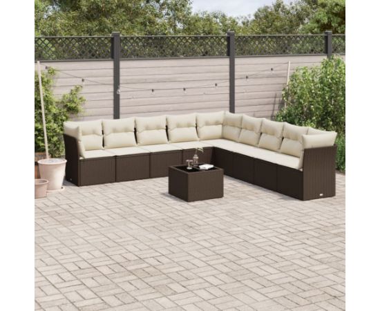 vidaXL 10-cz. zestaw mebli ogrodowych z poduszkami, brązowy polirattan Dārza mēbeļu komplekti