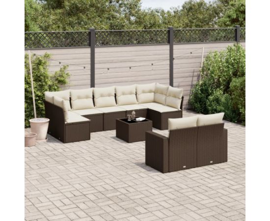 vidaXL 10-cz. zestaw mebli ogrodowych z poduszkami, brązowy polirattan Dārza mēbeļu komplekti