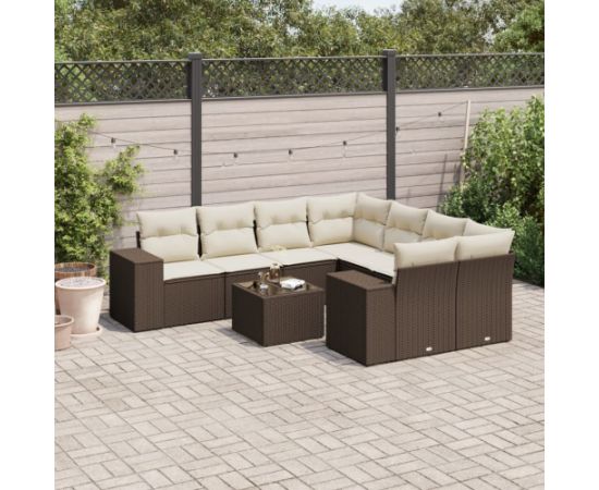 vidaXL 9-cz. zestaw mebli ogrodowych z poduszkami, brązowy, polirattan Dārza mēbeļu komplekti