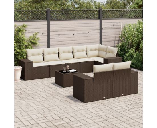 vidaXL 9-cz. zestaw mebli ogrodowych z poduszkami, brązowy, polirattan Dārza mēbeļu komplekti