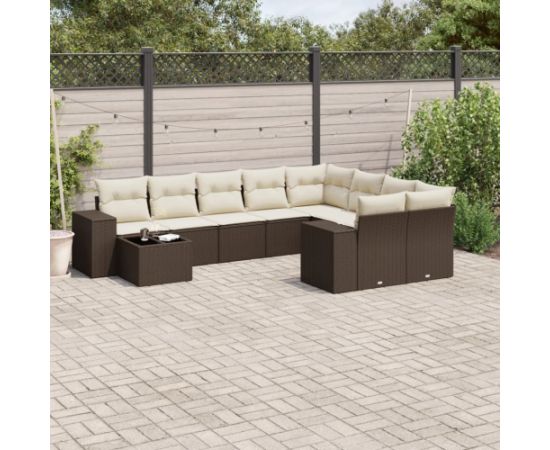 vidaXL 10-cz. zestaw mebli ogrodowych z poduszkami, brązowy polirattan Dārza mēbeļu komplekti