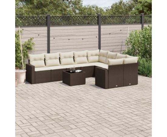 vidaXL 10-cz. zestaw mebli ogrodowych z poduszkami, brązowy polirattan Dārza mēbeļu komplekti