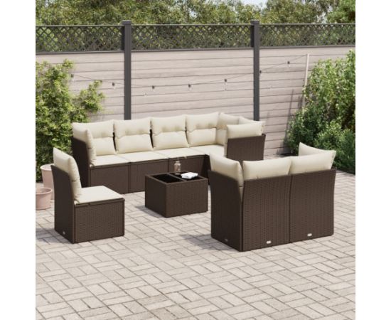 vidaXL 9-cz. zestaw mebli ogrodowych z poduszkami, brązowy, polirattan Dārza mēbeļu komplekti