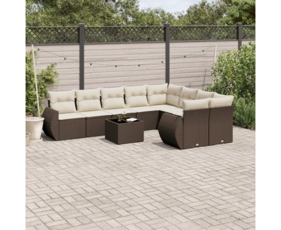 vidaXL 10-cz. zestaw mebli ogrodowych z poduszkami, brązowy polirattan Dārza mēbeļu komplekti