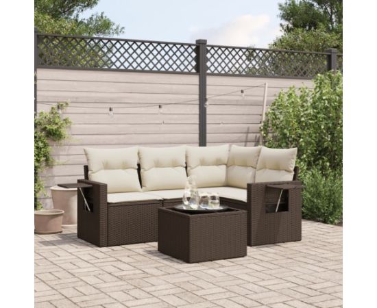 vidaXL 5-cz. zestaw mebli ogrodowych z poduszkami, brązowy, polirattan Dārza mēbeļu komplekti