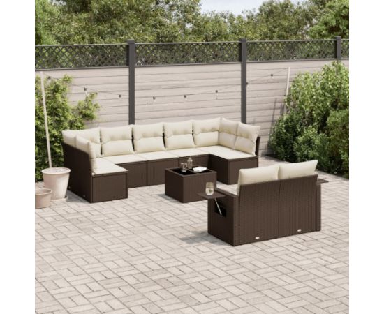 vidaXL 10-cz. zestaw mebli ogrodowych z poduszkami, brązowy polirattan Dārza mēbeļu komplekti