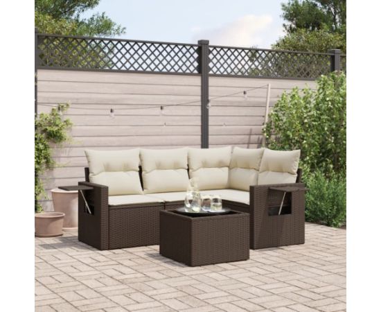 vidaXL 5-cz. zestaw mebli ogrodowych z poduszkami, brązowy, polirattan Dārza mēbeļu komplekti