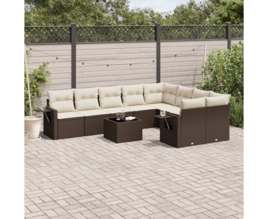 vidaXL 10-cz. zestaw mebli ogrodowych z poduszkami, brązowy polirattan Dārza mēbeļu komplekti