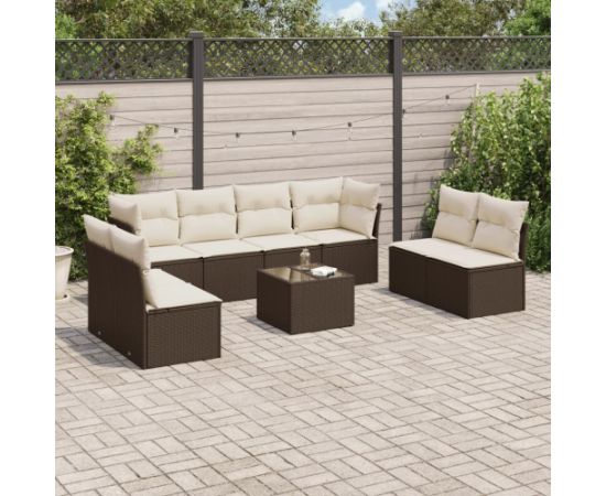 vidaXL 9-cz. zestaw mebli ogrodowych z poduszkami, brązowy, polirattan Dārza mēbeļu komplekti