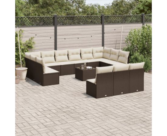 vidaXL 14-cz. zestaw mebli ogrodowych z poduszkami, brązowy polirattan Dārza mēbeļu komplekti