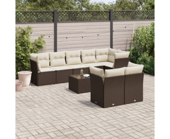 vidaXL 9-cz. zestaw mebli ogrodowych z poduszkami, brązowy, polirattan Dārza mēbeļu komplekti