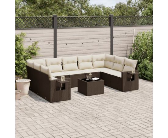 vidaXL 10-cz. zestaw mebli ogrodowych z poduszkami, brązowy polirattan Dārza mēbeļu komplekti