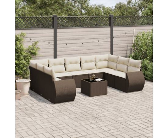 vidaXL 10-cz. zestaw mebli ogrodowych z poduszkami, brązowy polirattan Dārza mēbeļu komplekti