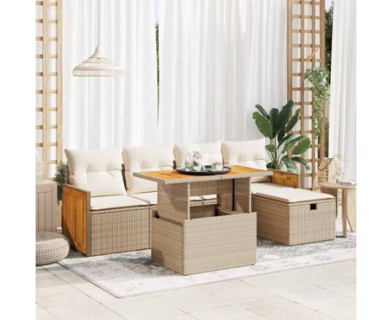 vidaXL 6-cz. zestaw mebli ogrodowych z poduszkami, beżowy, polirattan Dārza mēbeļu komplekti