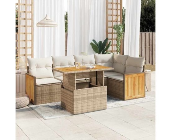 vidaXL 6-cz. zestaw mebli z poduszkami, beżowy, polirattan i akacja Dārza mēbeļu komplekti