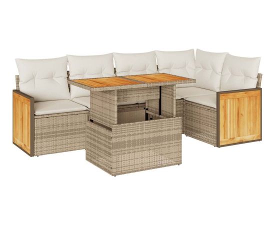 vidaXL 6-cz. zestaw mebli z poduszkami, beżowy, polirattan i akacja Dārza mēbeļu komplekti