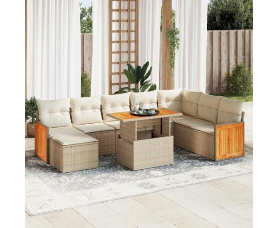 vidaXL 7-cz. zestaw mebli z poduszkami, beżowy, polirattan i akacja Dārza mēbeļu komplekti