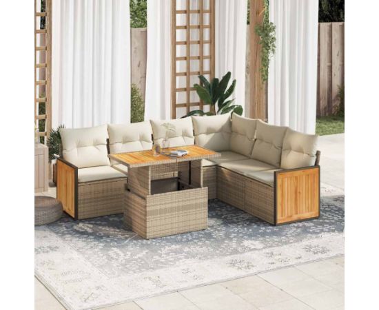 vidaXL 7-cz. zestaw mebli z poduszkami, beżowy, polirattan i akacja Dārza mēbeļu komplekti
