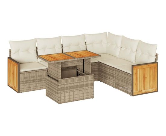 vidaXL 7-cz. zestaw mebli z poduszkami, beżowy, polirattan i akacja Dārza mēbeļu komplekti