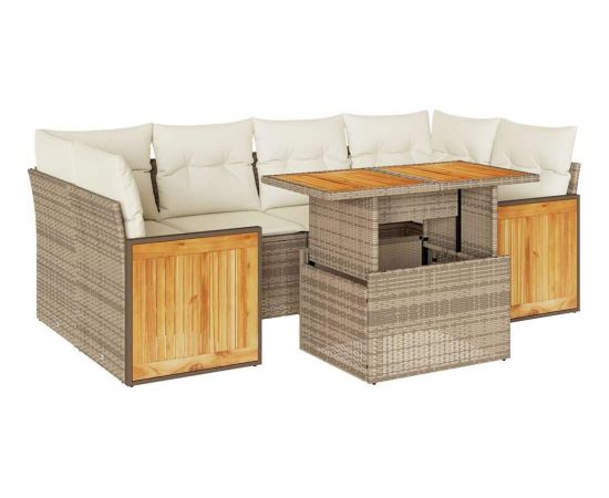 vidaXL 7-cz. zestaw mebli z poduszkami, beżowy, polirattan i akacja Dārza mēbeļu komplekti