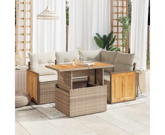 vidaXL 5-cz. zestaw mebli z poduszkami, beżowy, rattan PE i akacja Dārza mēbeļu komplekti