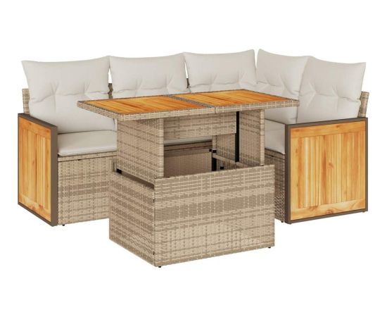 vidaXL 5-cz. zestaw mebli z poduszkami, beżowy, rattan PE i akacja Dārza mēbeļu komplekti