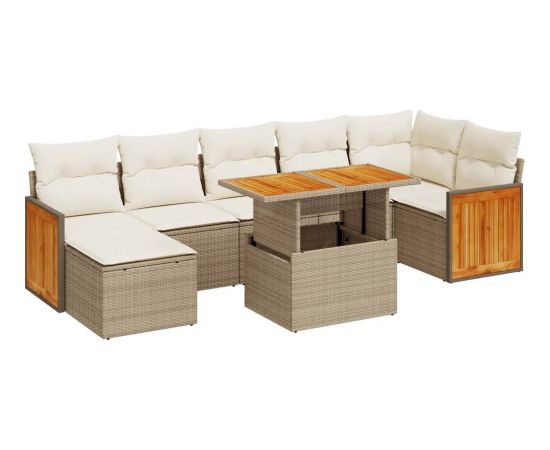 vidaXL 7-cz. zestaw mebli z poduszkami, beżowy, polirattan i akacja Dārza mēbeļu komplekti