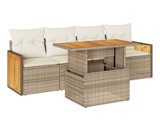 vidaXL 5-cz. zestaw mebli z poduszkami, beżowy, rattan PE i akacja Dārza mēbeļu komplekti