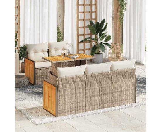 vidaXL 6-cz. zestaw mebli z poduszkami, beżowy, polirattan i akacja Dārza mēbeļu komplekti