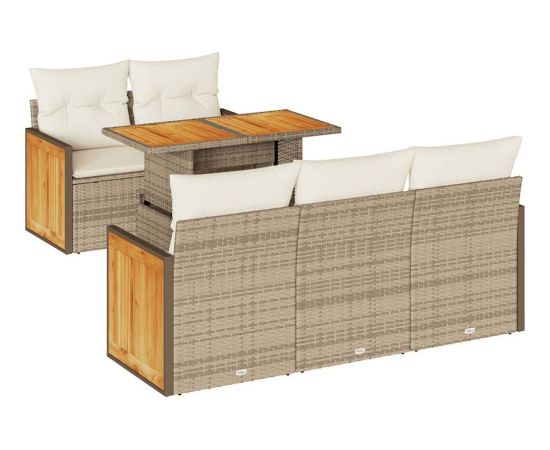 vidaXL 6-cz. zestaw mebli z poduszkami, beżowy, polirattan i akacja Dārza mēbeļu komplekti