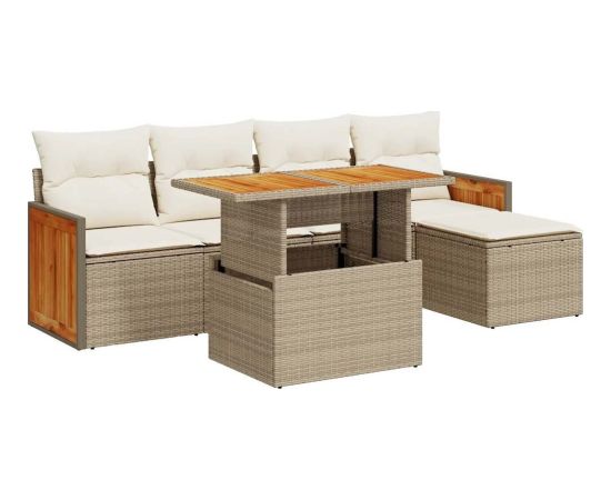 vidaXL 6-cz. zestaw mebli z poduszkami, beżowy, polirattan i akacja Dārza mēbeļu komplekti