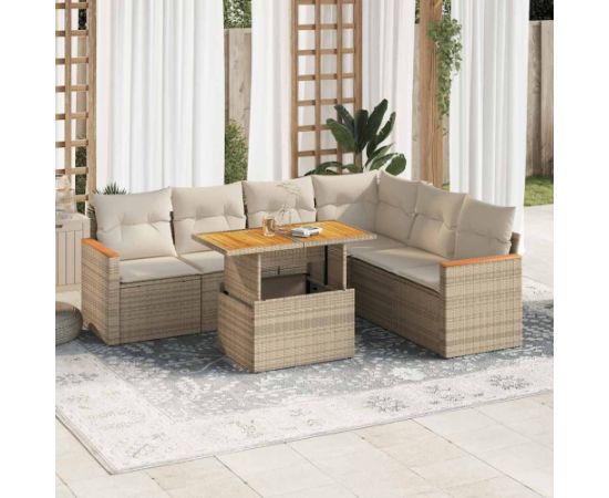 vidaXL vidaXL 7-cz. zestaw mebli z poduszkami, beżowy, polirattan i akacja Dārza mēbeļu komplekti