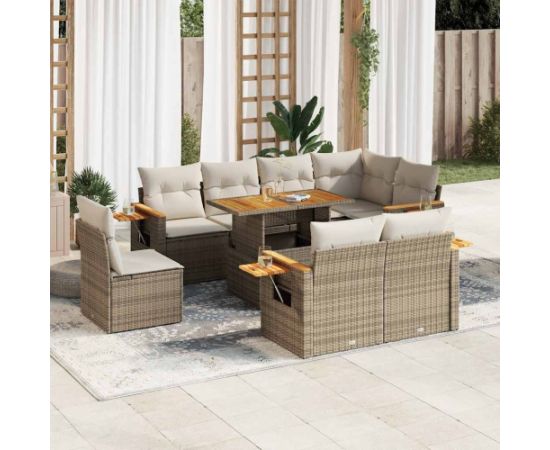 vidaXL vidaXL 9-cz. zestaw mebli z poduszkami, beżowy, polirattan i akacja Dārza mēbeļu komplekti