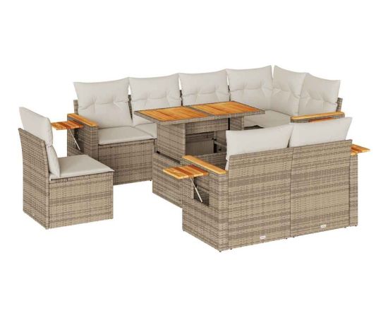 vidaXL vidaXL 9-cz. zestaw mebli z poduszkami, beżowy, polirattan i akacja Dārza mēbeļu komplekti